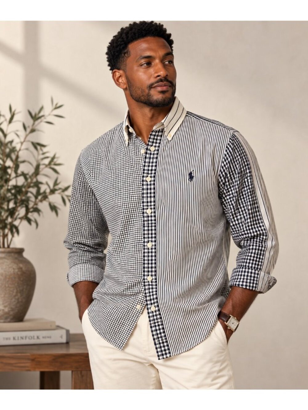 Ralph Lauren Men’s M Patchwork Button Down Shirt Blue White Cotton Preppy